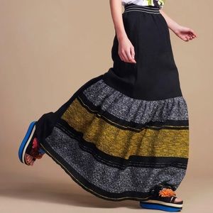NEW Clover Canyon Black/Yellow/White Slub Cotton Peasant Skirt Size L